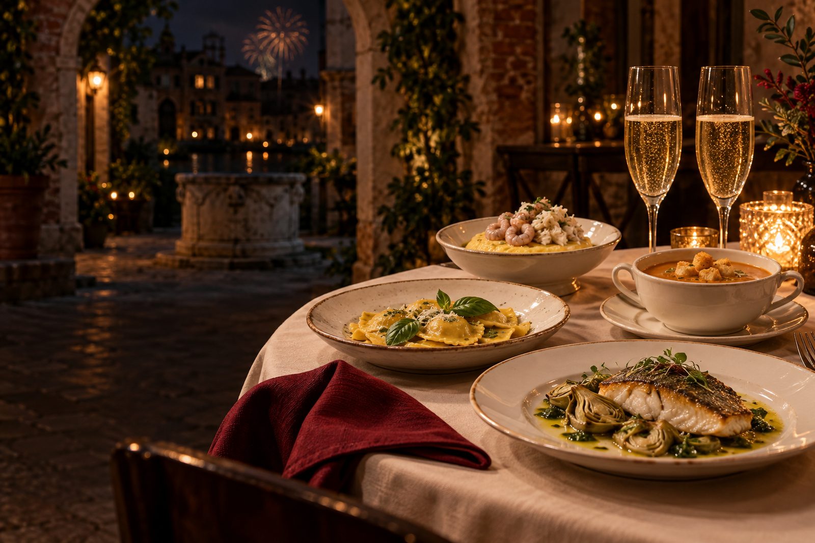 Tavola apparecchiata per il menù di San Silvestro all'Osteria Ae Sconte, illustrazione